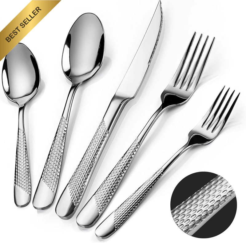 Hammered Silverware Set, 30 Pieces Black Flatware Set for 6, Mirror Polished Pre