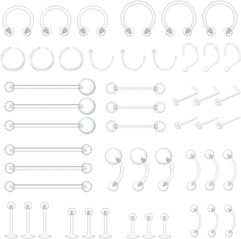 48Pcs Clear Piercing Retainers Jewellery Plastic Nose Tongue Nipple Belly Bars E