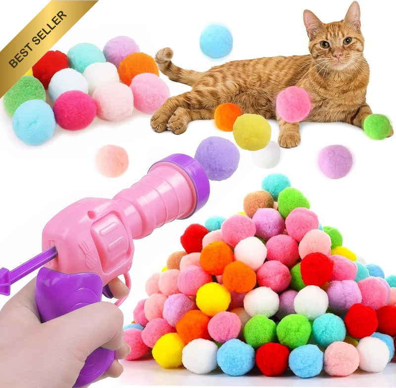 Cat Ball Launcher Gun 100 Plush Fuzzy Balls Interactive Fun Fetch Game Kitten