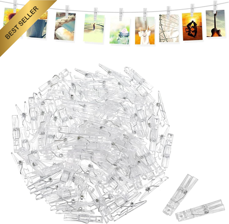 100Pcs Transparent Photo Small Clips - Mini Clear Pegs for Hanging Photos, LED L