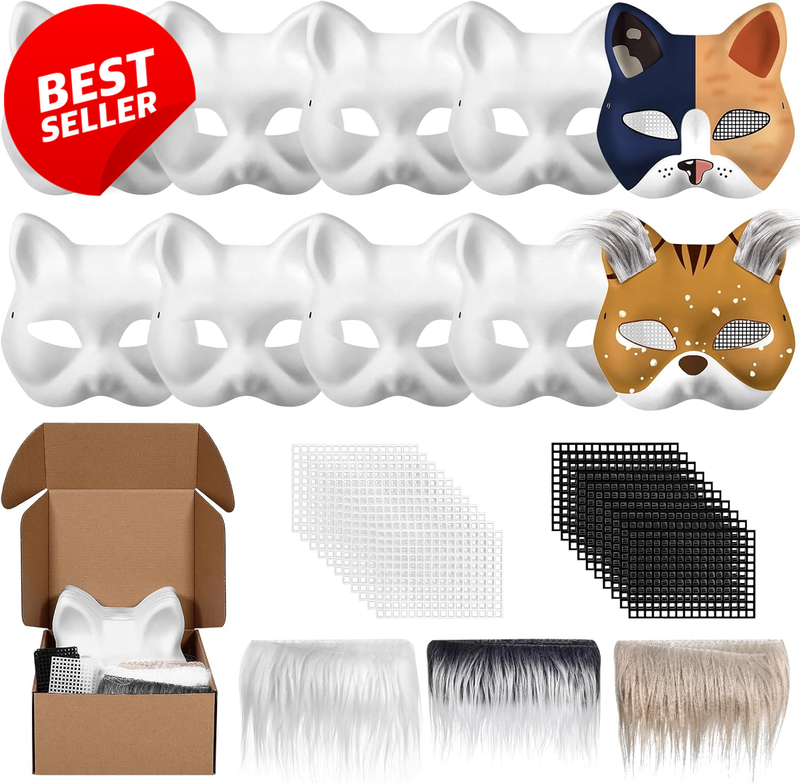 DIY Therian Cat Mask Blank White Paper Paintable w Felt Fur Eye Mesh Cosplay - U
