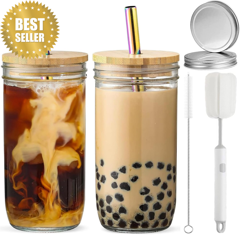 2 PCS Reusable Boba Bubble Tea Cups with Bamboo Lids and Straws & 2 Airtight Lid