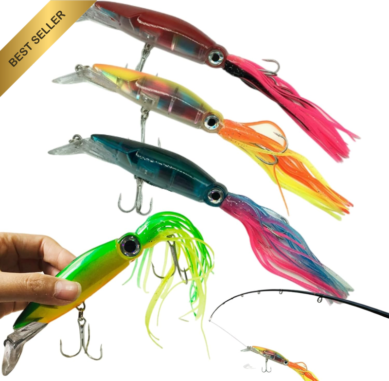 4 Pack Squid Fishing Lures 3D Eyes Topwater Baits Saltwater Freshwater Kit