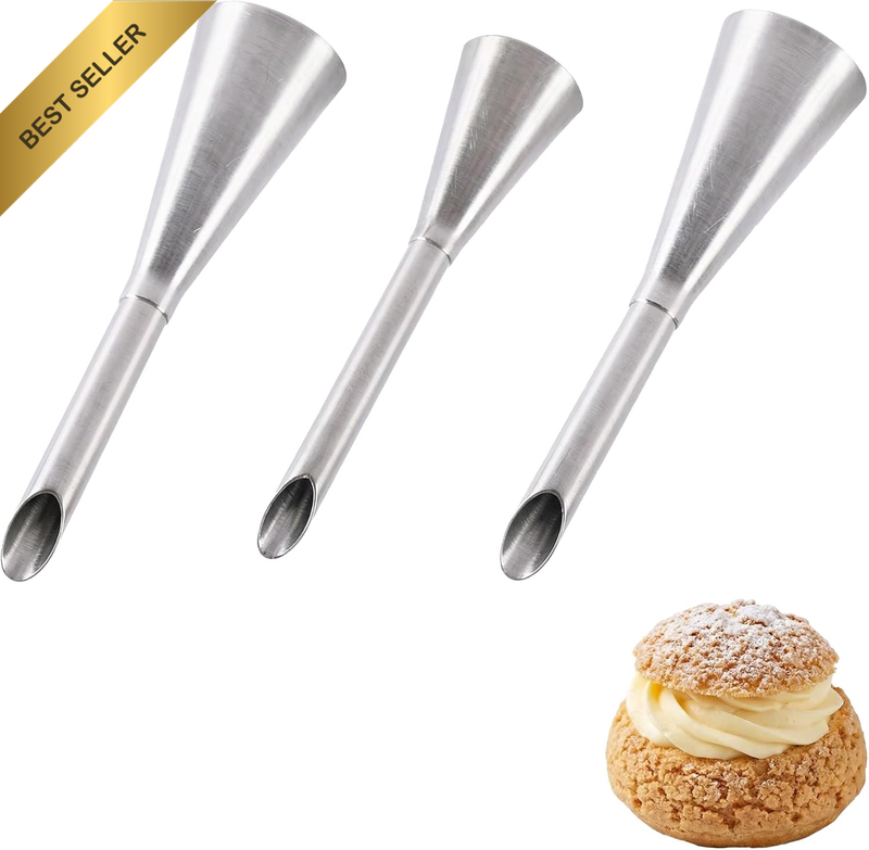 3-Piece Metal Pastry Filling Tips Set, 5/6/8Mm Precision Piping Nozzles for Ecla