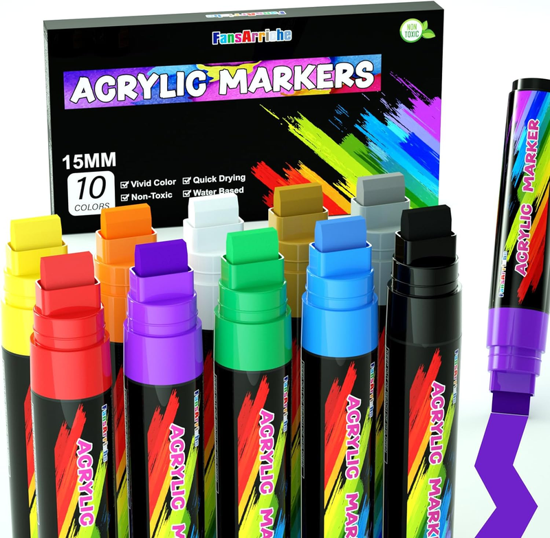 Acrylic Paint Markers, 15Mm Jumbo Felt Tip, 10 Colored Waterproof and Permanent