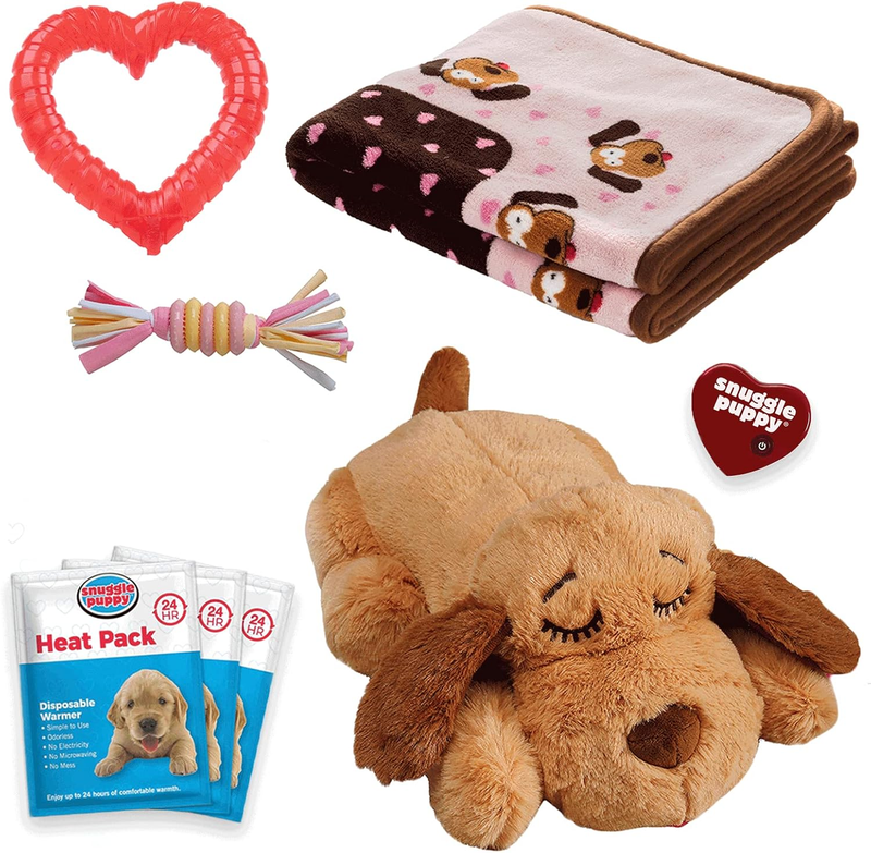 Original Snuggle Puppy Essentials Starter Kit. Heartbeat Dog Toy and Calming Aid with 3 Heat Packs, Puppy Teething Toy, Dog Chew Toy and Dog Blanket.