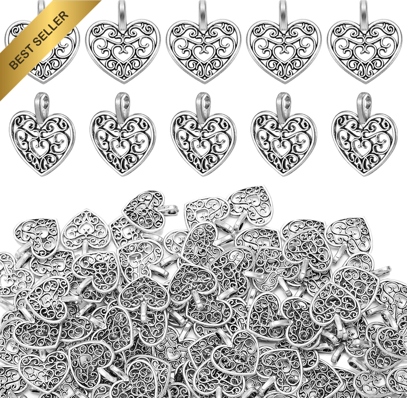 200 Pieces Necklace Hearts Charms Antique Silver Plated Hollow Lovely Alloy Hear