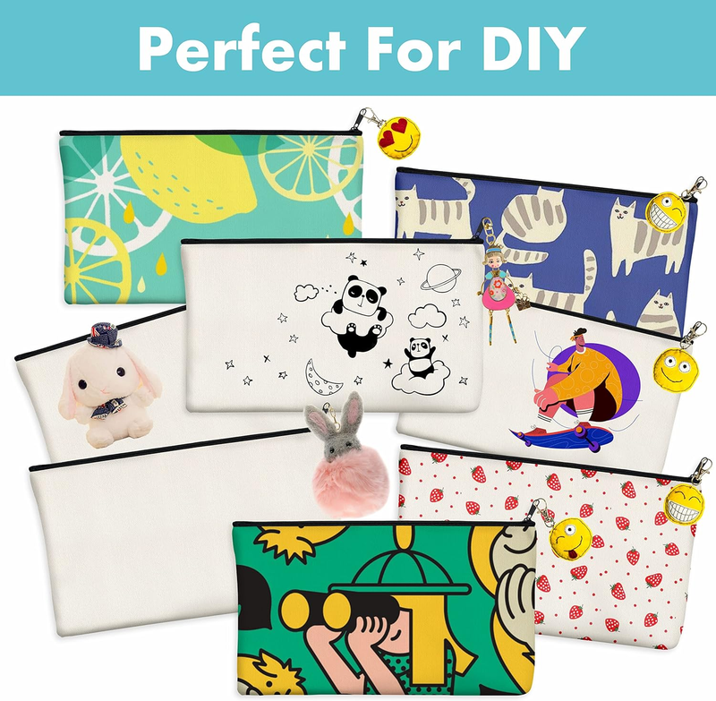 8 Pack Canvas Pencil Pouch, DIY Craft Zipper Bags Blank Makeup Bags