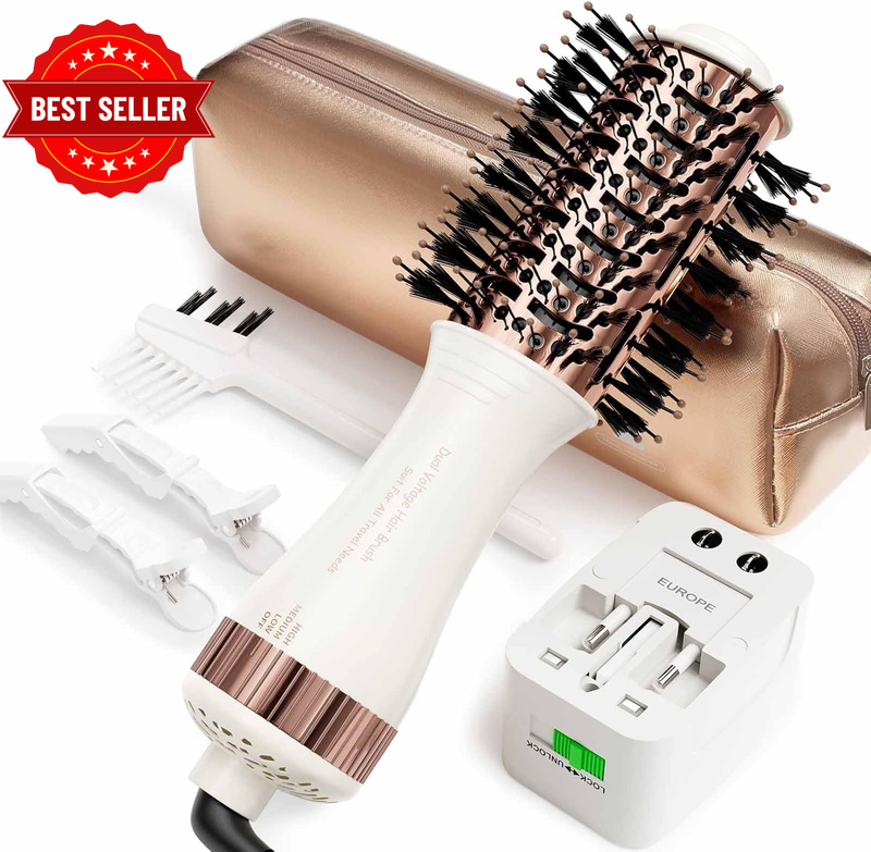 Travel Dual Voltage Hair Dryer Brush 4-In-1 Mini Hot Air Blow Dry Brush Straight