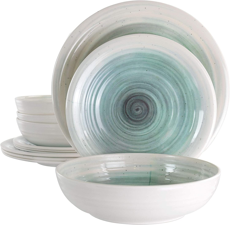 Lightweight Dinnerware Set, 12 Piece, White and Light Blue