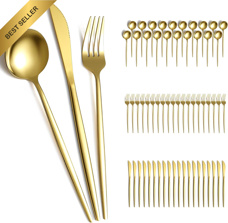 Gold Cutlery Set 60 Piece Service for 20, Titanium Gold Plated Stainless Steel F