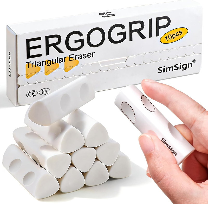 Ergonomische Dreikant-Radiergummis 10er Set, Weiß, Rutschfest, Für Schule & Büro