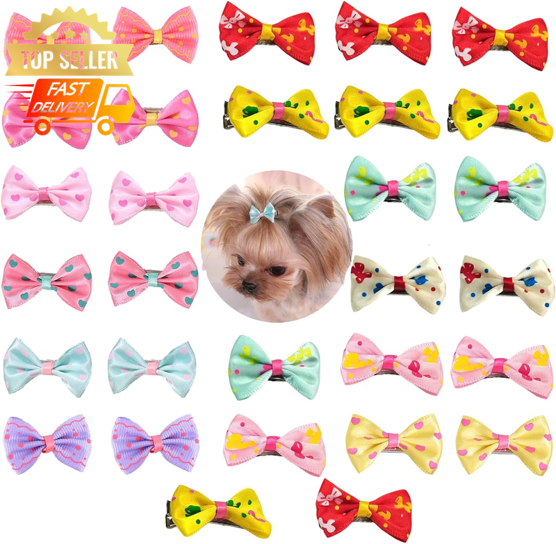 30PCS Pet Hair Clips Bowknot Bows Dots 1.37" for Dogs Cats Puppies Random Color