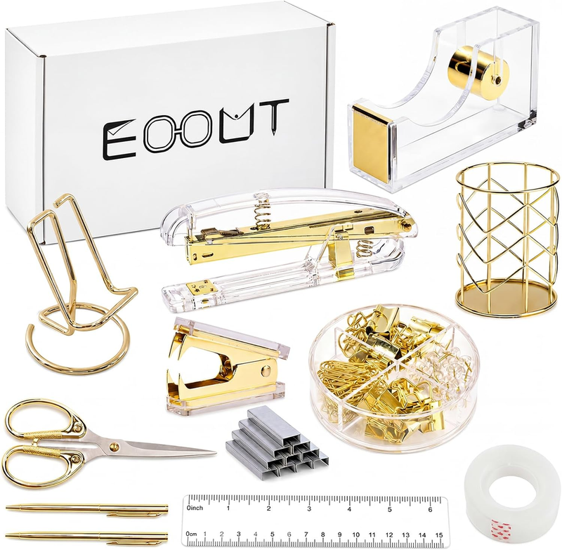 Gold Office Supplies Set Desk Accessories, Acrylic Stapler Set Staple Remover, P