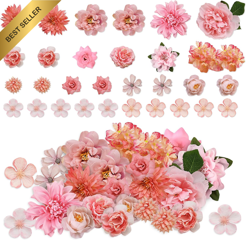 Artificial Flower Heads, 30 Pcs Fake Flowers Heads, Various Styles Pink Silk Flo
