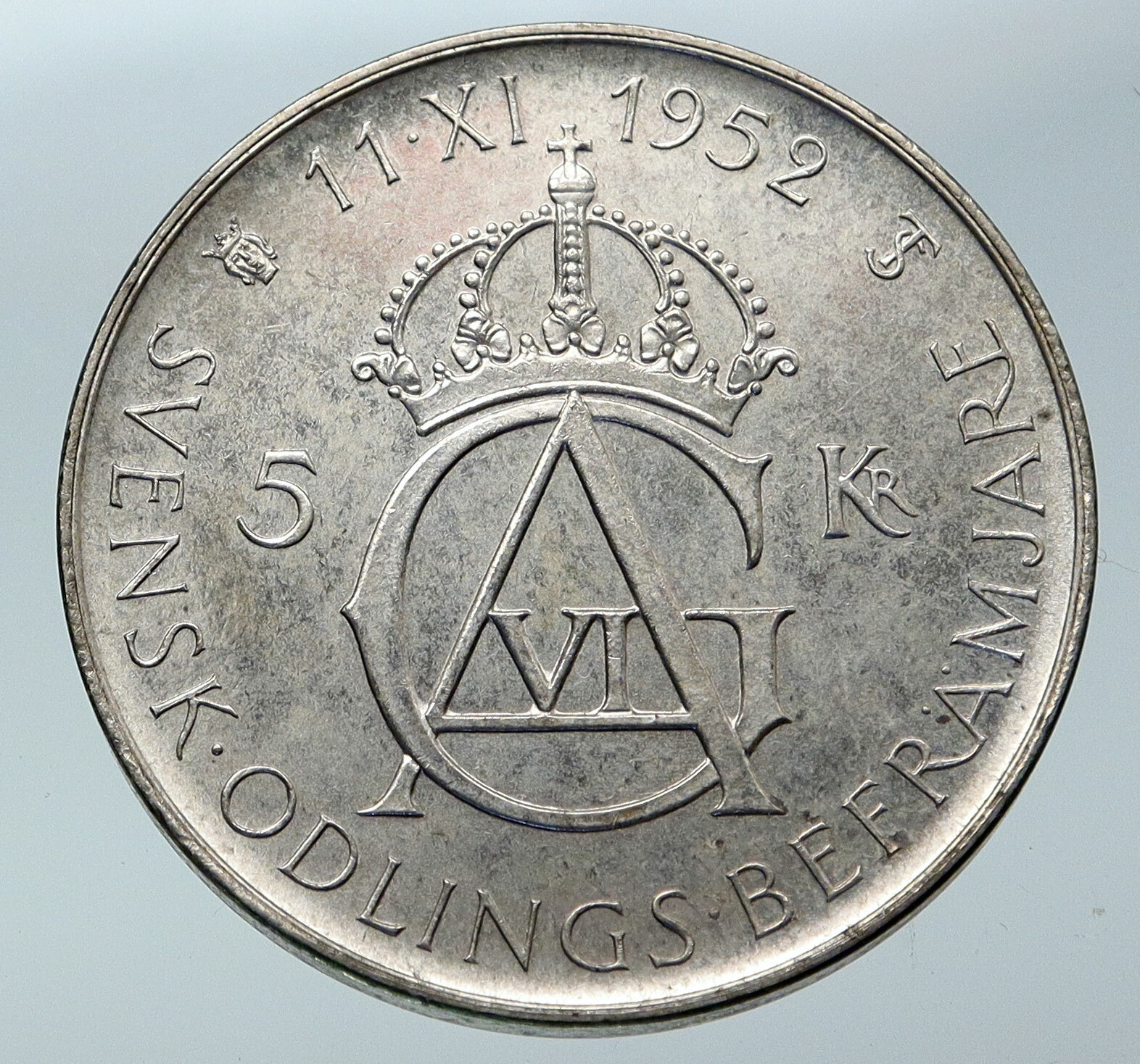1952 SWEDEN King GUSTAV VI ADOLF 70th Birthday Silver 5 Kron