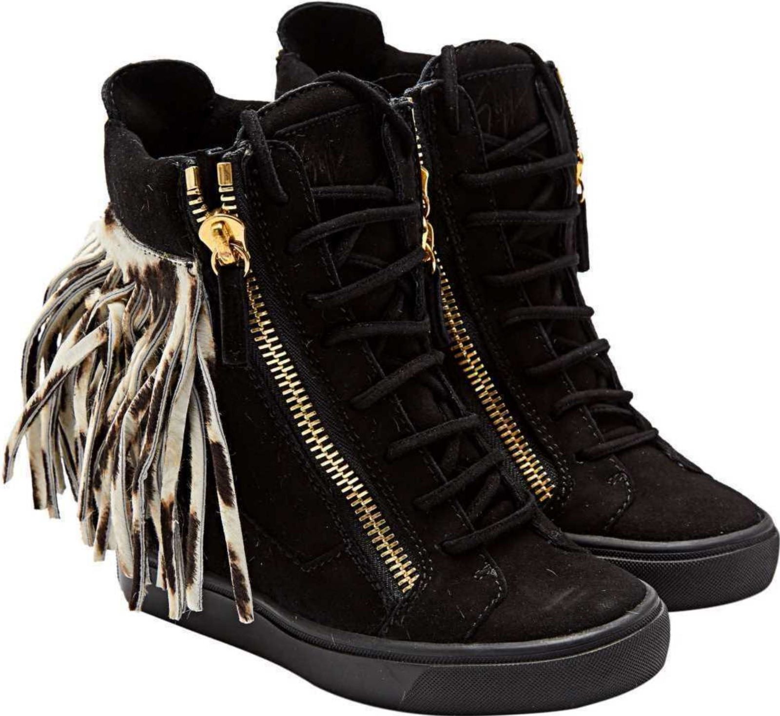 Pre-owned Giuseppe Zanotti Lorenz Fringe Wedge Sneakers Hightop Trainers Shoes 38.5 In Black
