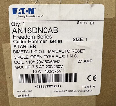 EATON CUTLER HAMMER AN16DN0AB 110 120 VAC Size 1 AN16DN0 Starter