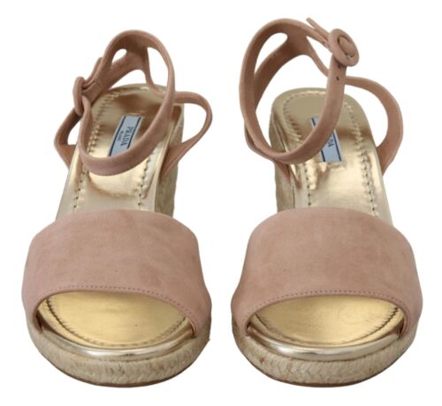 Pre-owned Prada Women Pink Beige Sandals Suede Solid Ankle Strap Casual High Wedge Shoes