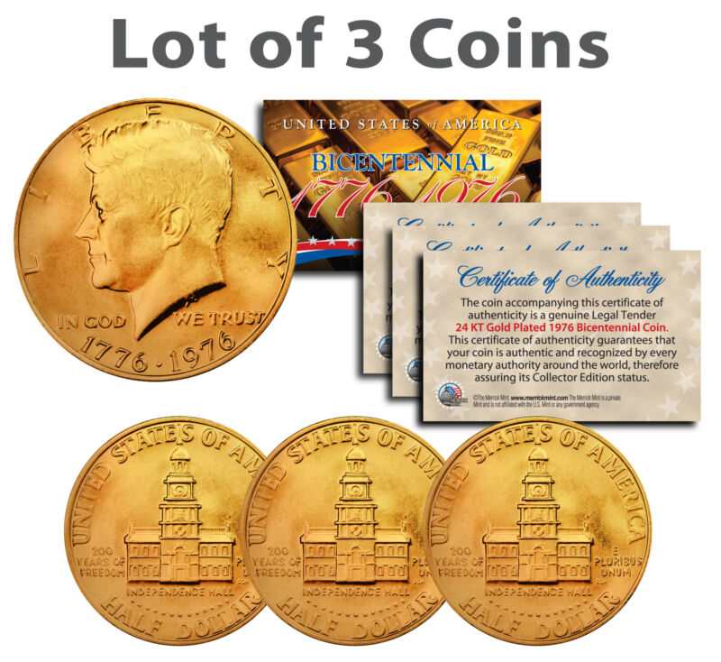 Bicentennial 1976 JFK Half Dollar US Coins 24K GOLD PLATED w/Capsules *Lot of 3*