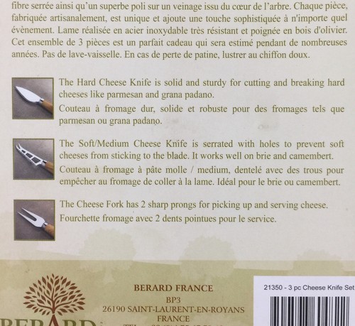 Berard Franc, Cheese Knife / Spreader 3 Piece Set, Olive Wood, Charcuterie New
