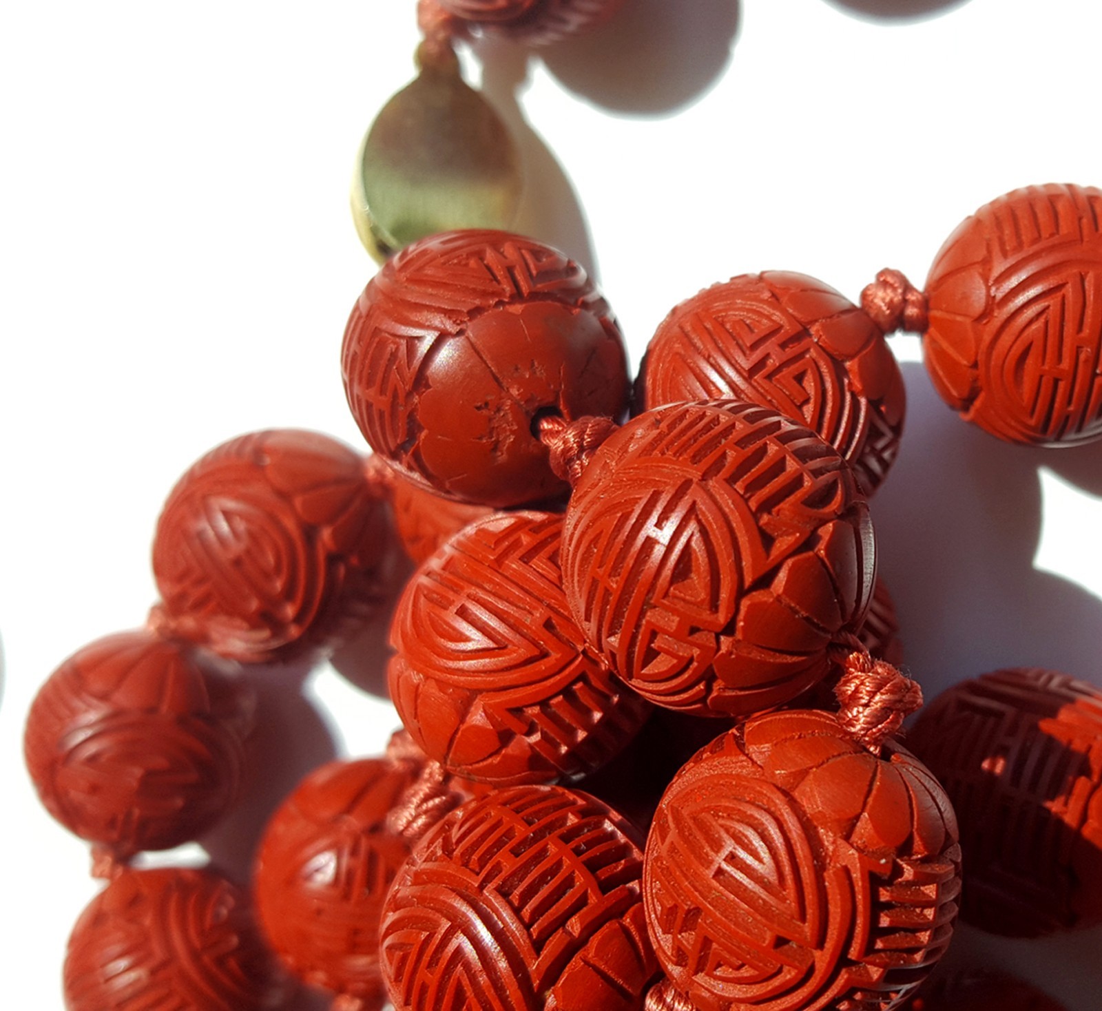 RARE Antique Vintage Chinese Carved Red Cinnabar SHOU  Big Bead Necklace