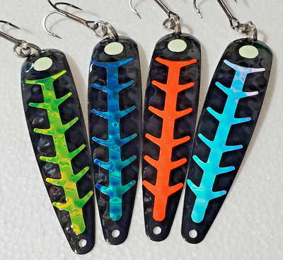 Lot of 4 - Super Glow Salmon Trolling Spoons UV Holographic Fisher Tackle