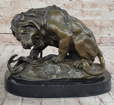 VINTAGE BRONZE SCULPTURE STATUE LION VS. SNAKE SIGNED BARYE REAL MARBLE BASE