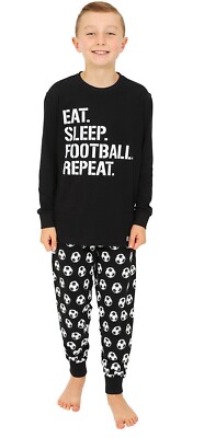 Boys Eat Sleep Football Repeat White Long Pyjamas Gamer Cotton  PJs 