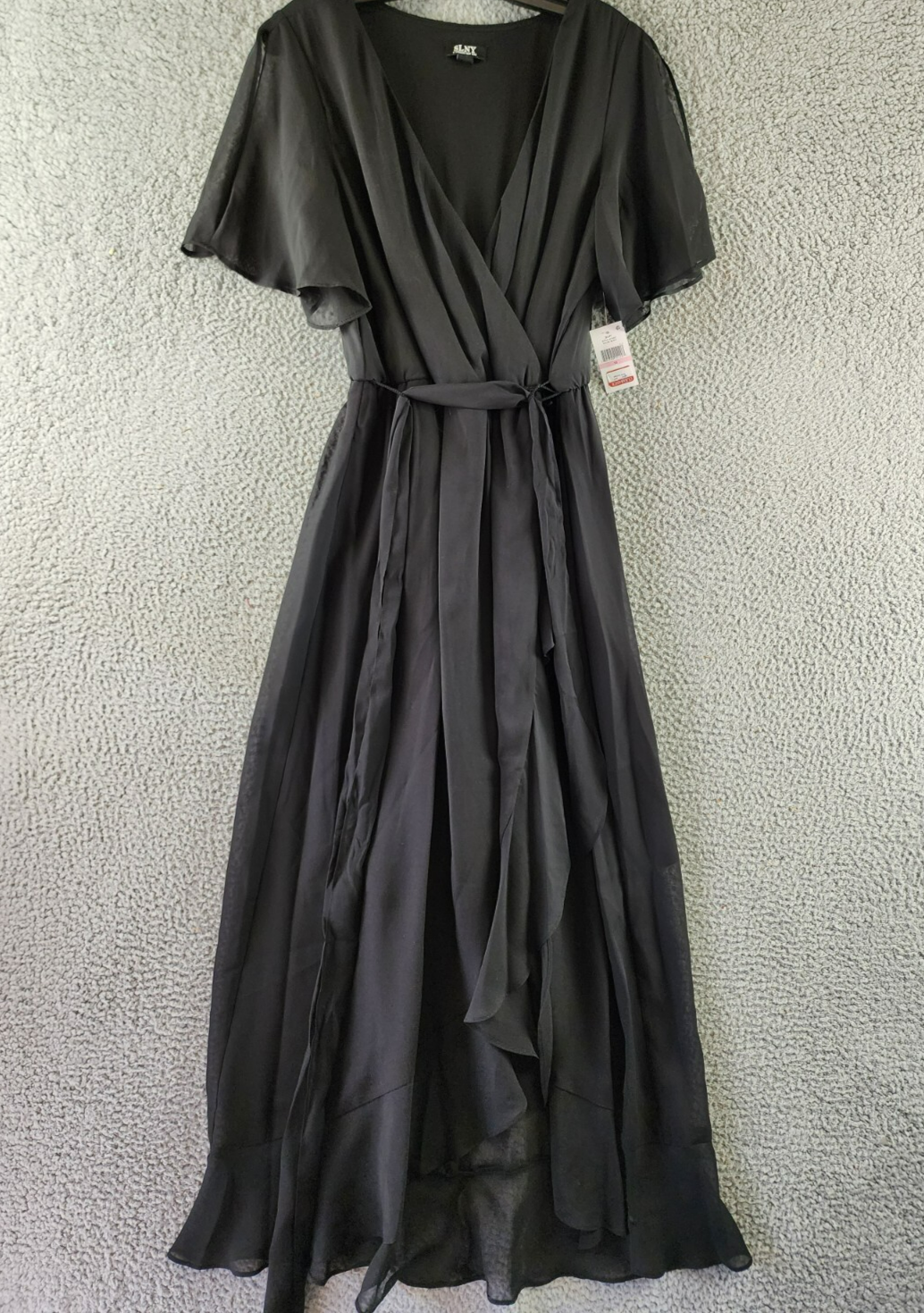 SLNY Fashions Ruffled Wrap Dress Women's 10 Black Surplice Neck Belted Pullover - Picture 2 of 15