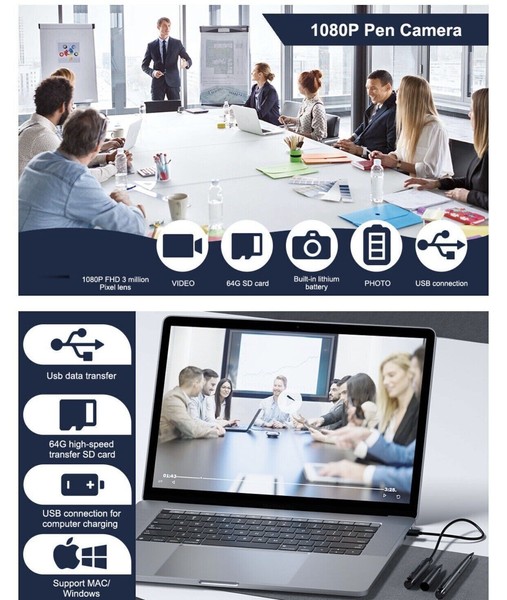 Business meeting with 1080P pen camera features displayed.