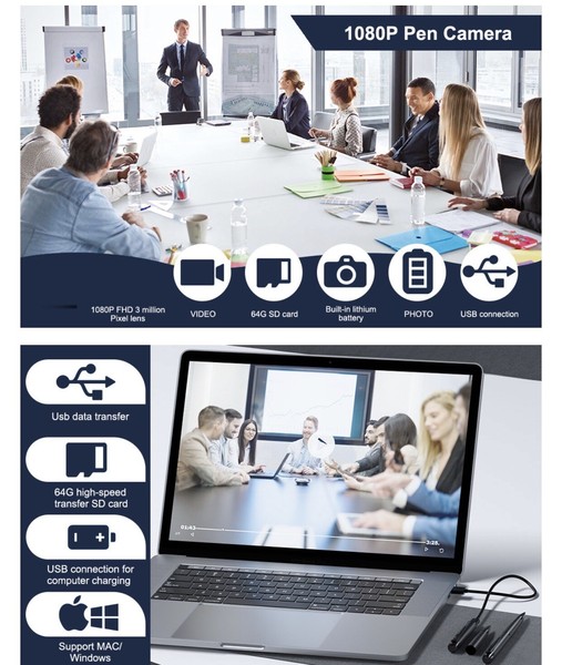 Business meeting with hidden 1080P pen camera advertisement.
