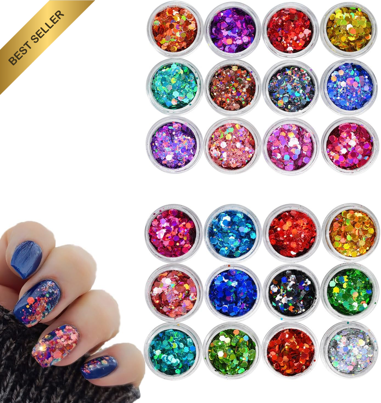 24 Colors Chunky Glitter Gel for Face & Body - Iridescent Flakes for Festival Ma