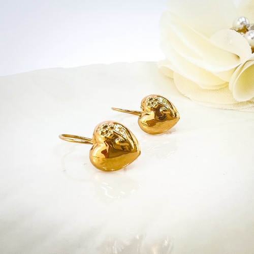 Antique 14k Rose Gold Repoussé Flower Heart Design Dangle Hook Earrings - Picture 7 of 10