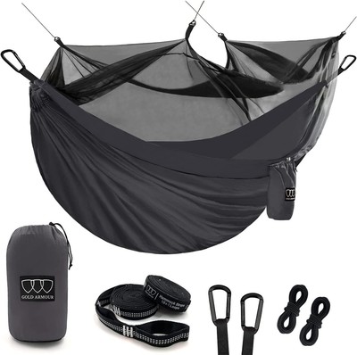 Gold Armour Camping Hammock with Mosquito Bug Net - Double Parachute Grey 