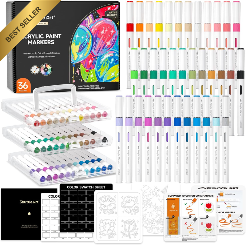 36 Acrylic Brush Tip Markers Ink Control Rock Ceramic Wood Canvas
