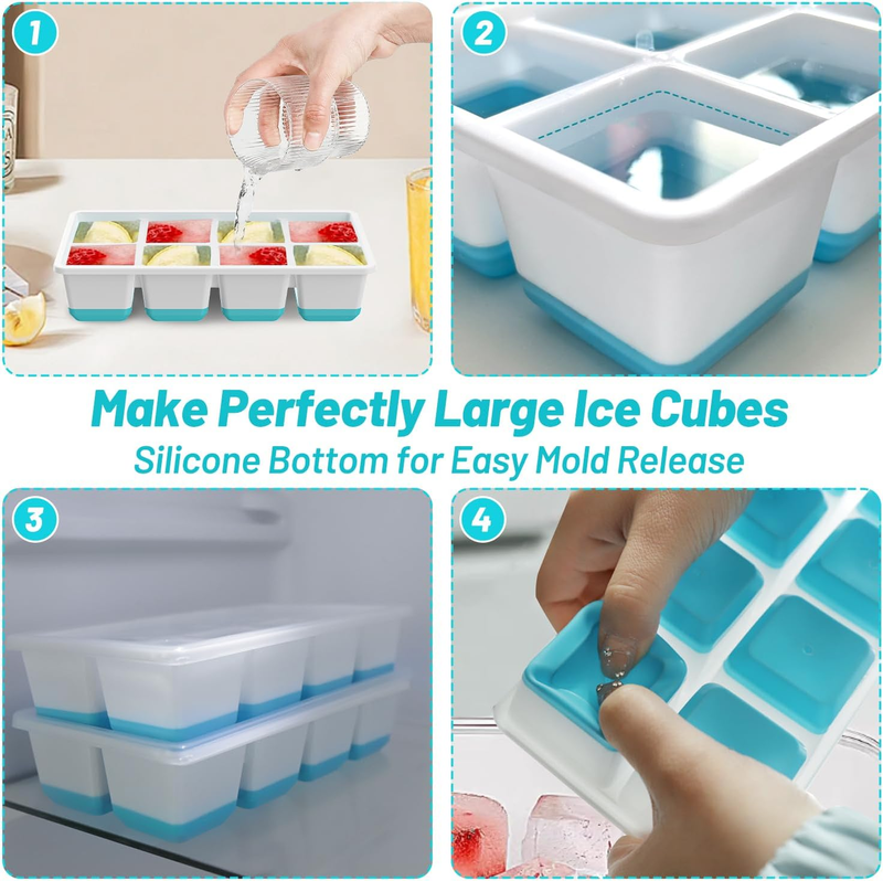 Ice Cube Tray, 2 Pack Reusable Large Ice Cube Molds, Ice Cube Trays for Freezer