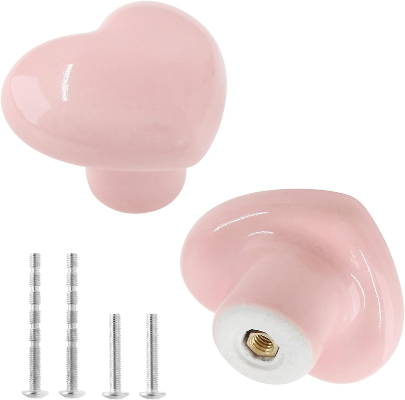 2Pcs Ceramic Cabinet Knobs - Pink Heart Shaped Drawer Pulls fo...