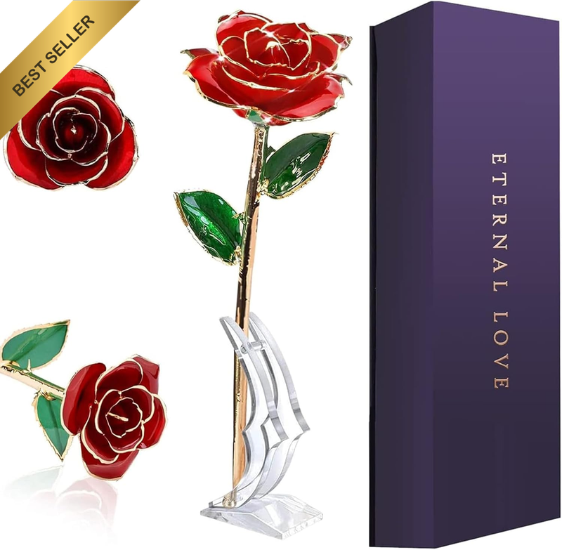 Gold Dipped Rose,  Long Stem 24K Gold Dipped Real Rose Lasted Forever with Stand
