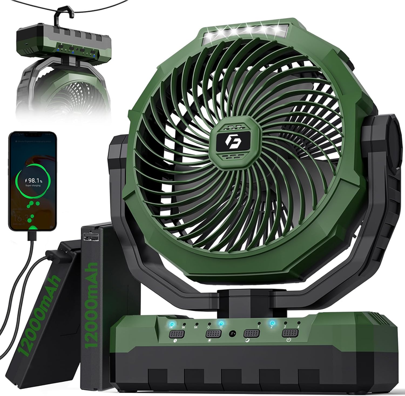 3-In-1 Camping Fan - Portable Fans Rechargeable - 24000Mah 9-Inch Battery Powered Fan(140Hrs) with Light & Remote for Indoor, Outdoor, Tent, Travel, BBQ, Fishing, Jobsite - Green