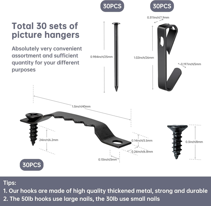 30lb Picture Hangers, 90-Piece Picture Hanging Kit – Includes Sawtooth Picture H