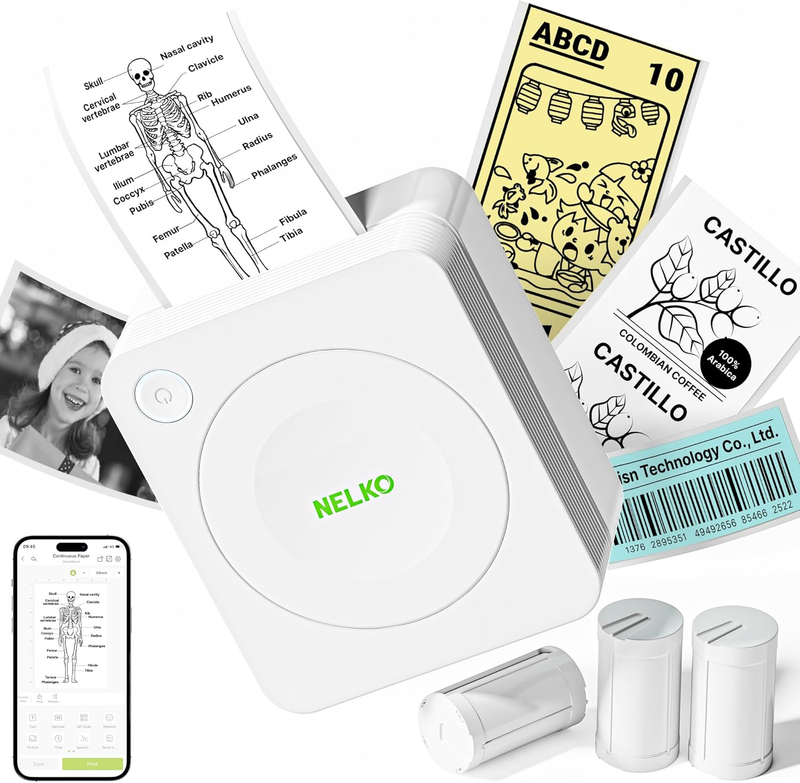 Nelko Sticker Printer, PM230 Bluetooth Portable Mini Printer with 3 Rolls, for DIY Creation, Smart AI APP, Study Notes, Pictures, Receipts, List, Multiple Templates for Phone & Tablet, White