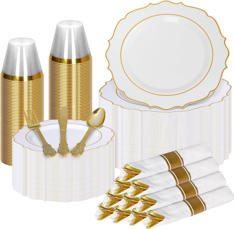 Elegant Gold Plastic Dinnerware Modern Vintage Set (350 Pcs) - Includes 50 Dinne