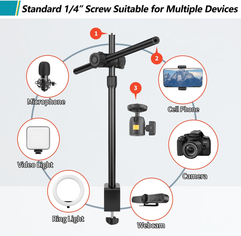Camera Desk Mount Webcam Stand with Overhead Articulating Magic Boom Arm 1/4" Ba