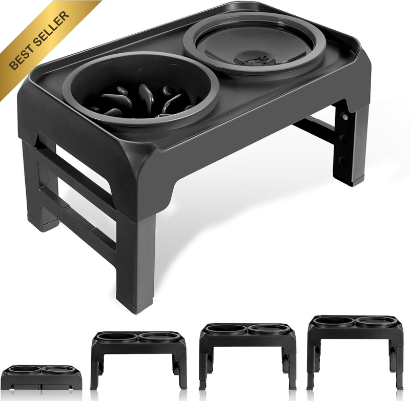 Elevated Dog Bowls with Slow Feeder Non Spill Set 4 Heights Adjustable Black