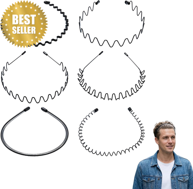 6 Pcs Wavy Metal Hair Bands, Unisex Black Non-Slip Elastic Headbands, Durable Co