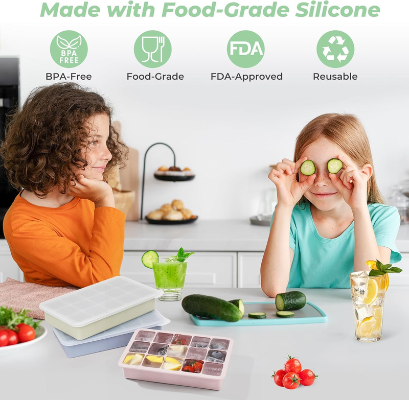Ice Cube Tray with Lid: 3 Pack Silicone Large Square BPA Free 14-Cube Ice Trays