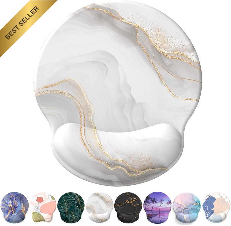 Ergonomic Gel Mouse Pad with Wrist Support Non-Slip Base Pain Relief White Marbl
