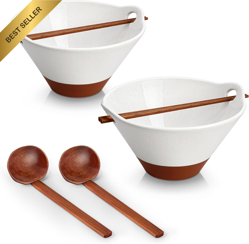 42 Oz Ceramic Ramen Bowl Set with Wooden Spoon & Chopsticks, Japanese Style Soup