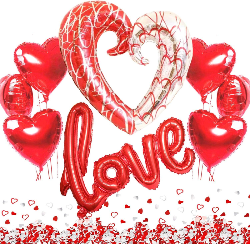 Love Balloon Red, XXL Heart Foil Balloon, 6 Red Heart Helium Foil Balloons and C